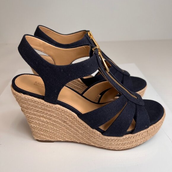 Michael Kors Sandal Women 7 Berkely Wedge Heel Zip Up Canvas Work Party Core Ne - Picture 5 of 14